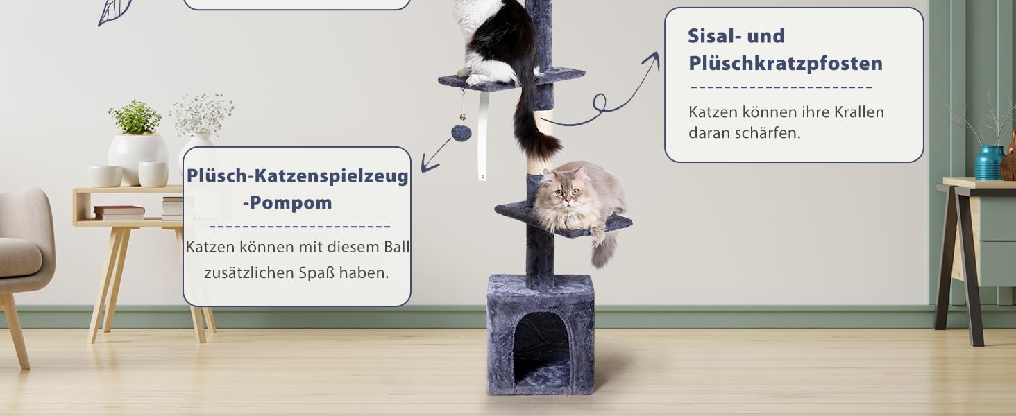 Кігтеточка NEGTTE з регулюванням висоти (230-275см) - кігтечочний комплекс з 2 кігтеточними стовпами, гамаком та будиночком. Вузька кігтеточка висотою для невеликих приміщень, система натягу стелі, страховий ремінь, темно-сірий колір