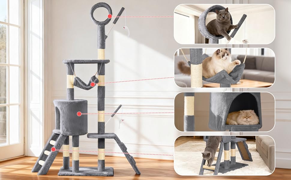 Кігтеточка для котів Vounot® 112 см, багатоярусна, з платформами, печерою та іграшками (сірий)