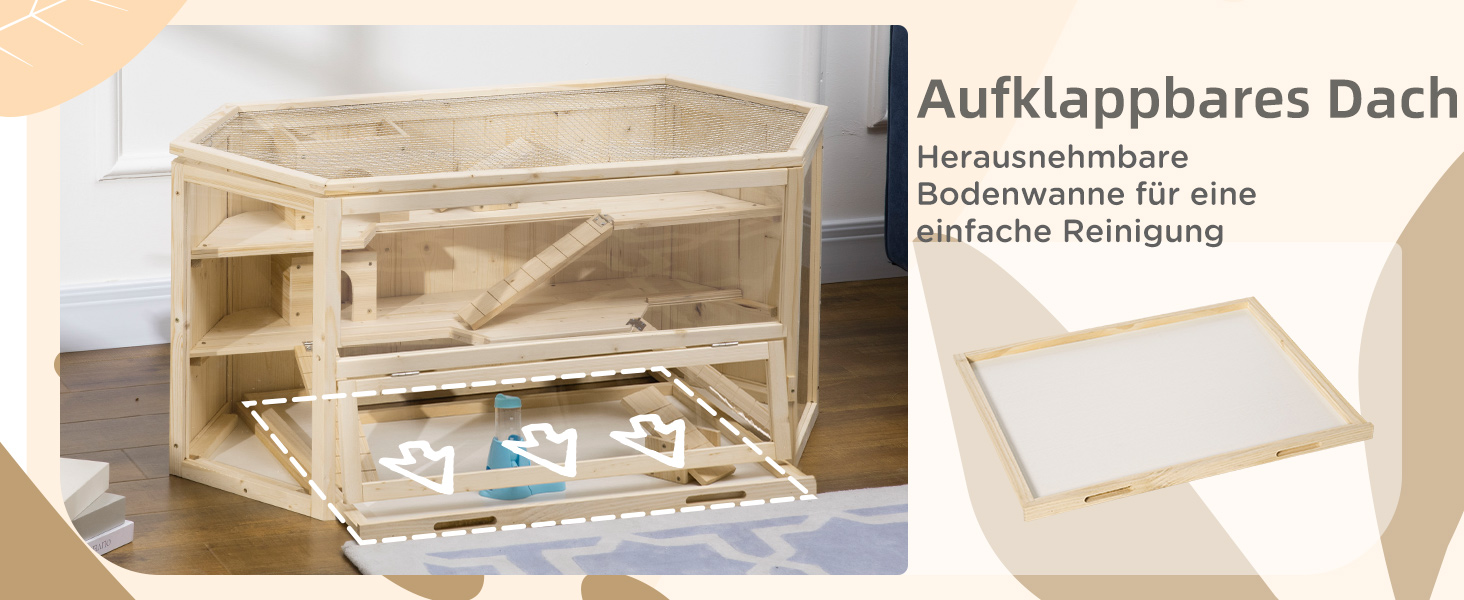 Клітка для дрібних тварин PawHut з рампою, гойдалкою та відкидною кришкою, 115 x 60 x 55 см, натуральне дерево та PS пластик