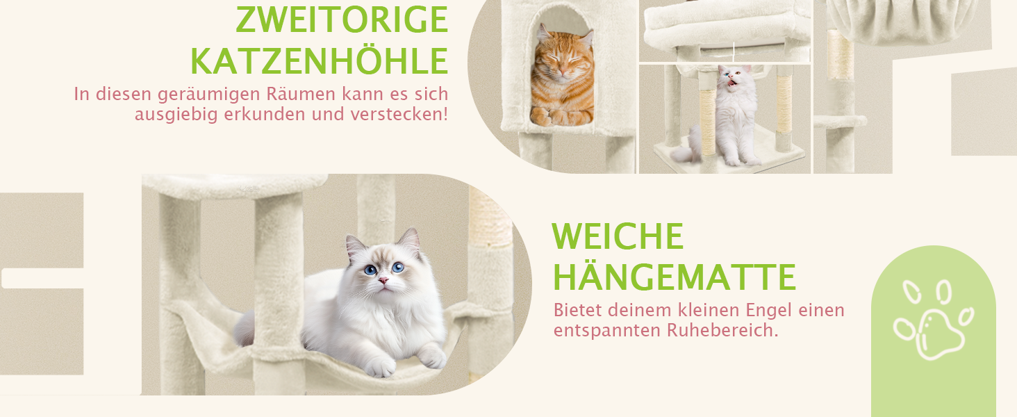 Дерев'яна кігтеточка для котів LEEJARD XXL, 148 см, з платформами, будиночком, гамаком, іграшками та захистом від перекидання, бежева