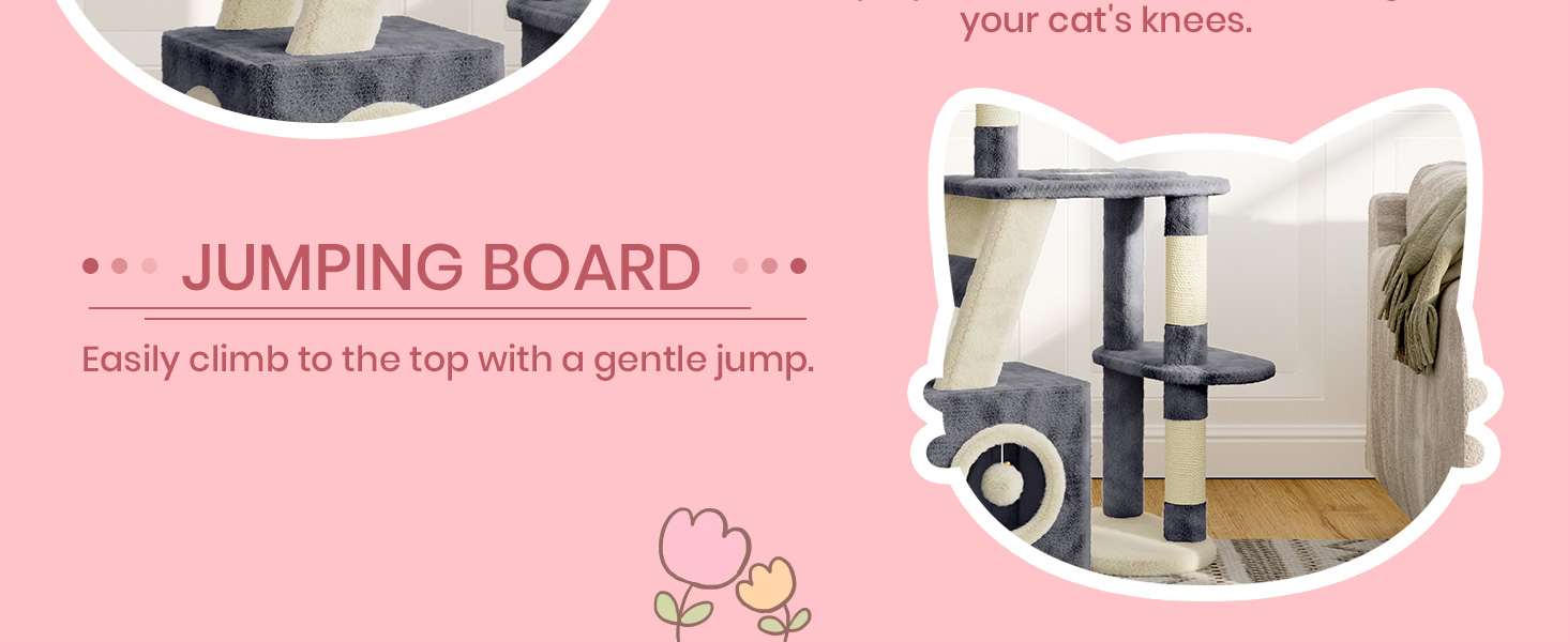 Кігтеточка для котів Dogat 107 см: багатоярусна, з будиночком, лежаком та ігровими елементами (сірий/бежевий)