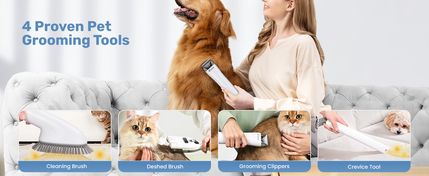 Набір для догляду за тваринами KACNON: шерстьосав'ювач та пилосос 3.3L, 13kPa. Безшумна машинка для стрижки собак та котів. Електрична щітка для тварин. Білий колір