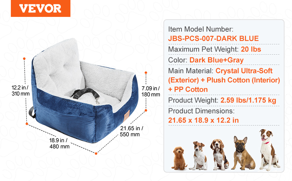 Автокрісло для собак VEVOR, підвищення для собак у машину з високою спинкою, сумка для зберігання, страхувальний поводок, наповнювач з ПП бавовни, автоліжко для собак до 9 кг