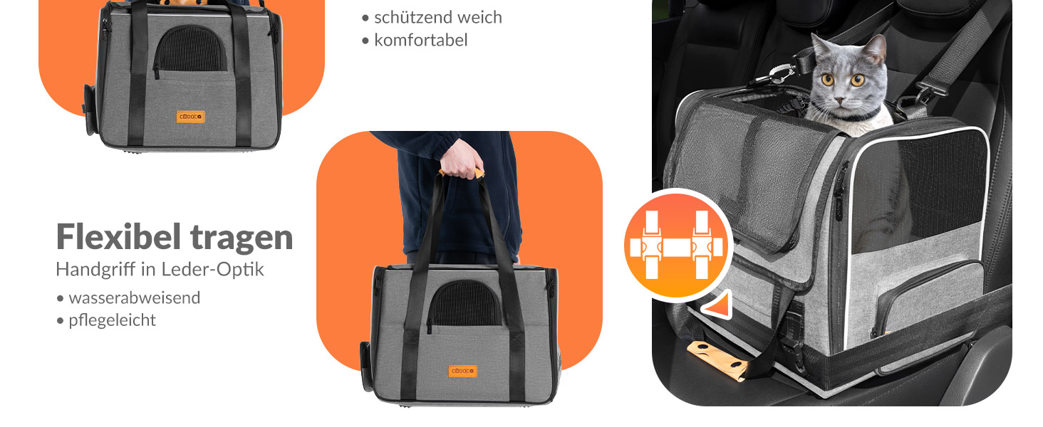 Транспортна переноска для котів CADOCA® до 20 кг, складна, з сонцезахисним дахом, ременем на плече, мискою, дихаюча, комфортна, з обертовим матрацом. Підходить для котів, собак, авто, чорного кольору.