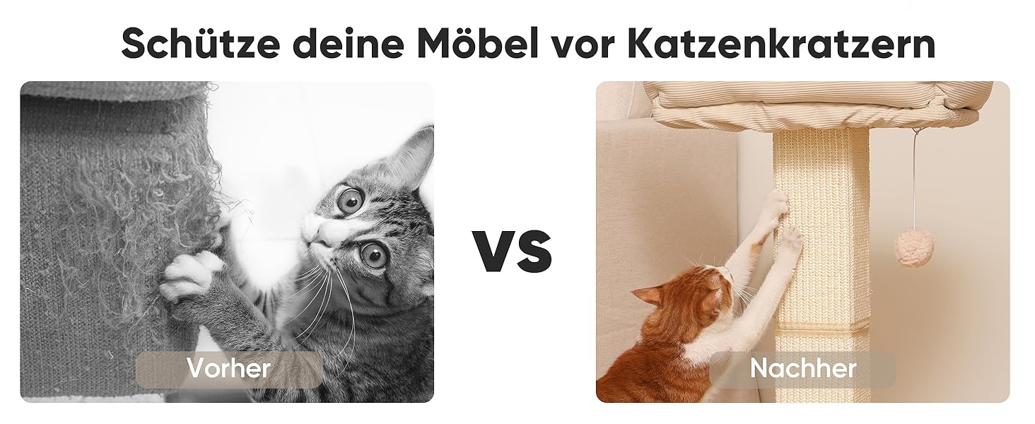 Котячий будиночок FUKUMARU з подряпуванням, 73 см, бежевий. Високий кігтетопор з платформою 46x36 см, з місцем для відпочинку, з натурального сизалю та масивного дерева.