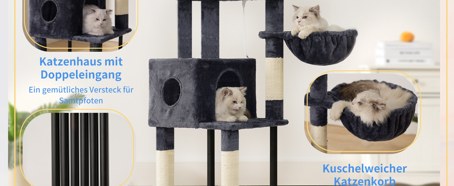 Котячий будиночок Heybly Kratzbaum HCT200SW: зручний когтетоп з будиночком, стійка конструкція, 125 см (димно-сірий)