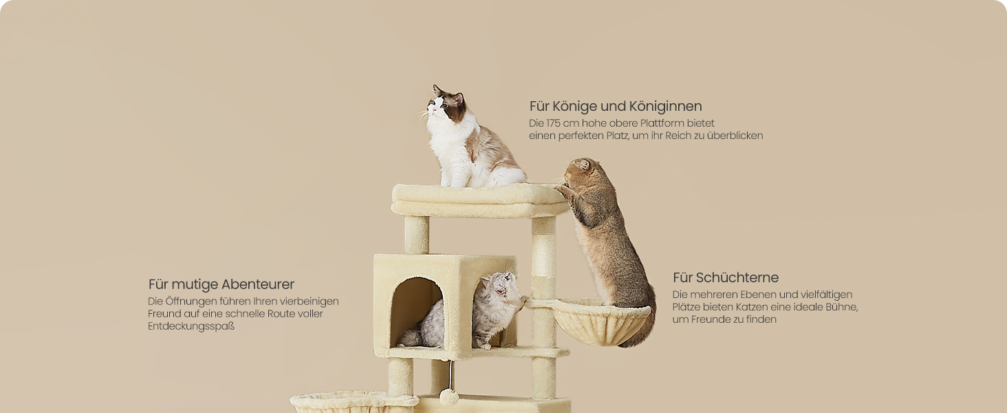 Дерев'яний будиночок для котів Feandrea, 175 см, XL, багатоярусний, з 2 будиночками, 2 лежаками, 5 стовпчиками для шліфування, щіткою для котів, великою платформою, пісочно-бежевий