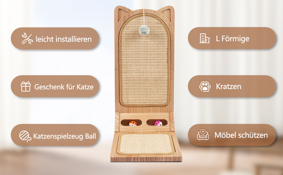 Котячий когтетоп MALOROY з масивного дерева, 58 см, L-подібний когтетоп з картону, стійкий, з іграшкою-м'ячиком, для стіни та кута
