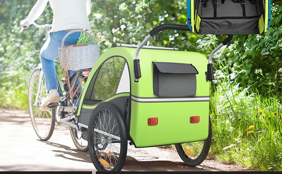 Дитячий велопричіп KESSER Sport-RX 2в1 (візок/велопричіп) для 1-2 дітей, 360° обертання, 5-точкова система кріплення, світловідбивачі, тримач для напоїв та смартфон (світло-зелений)