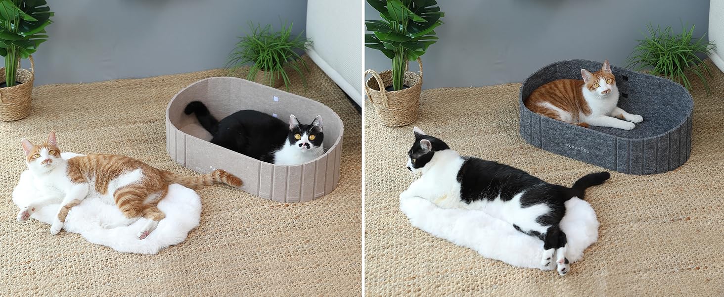 Ліжко для котів FUKUMARU, сіре овальне ліжко-диван з м'яким штучним хутром, філц, 61 см