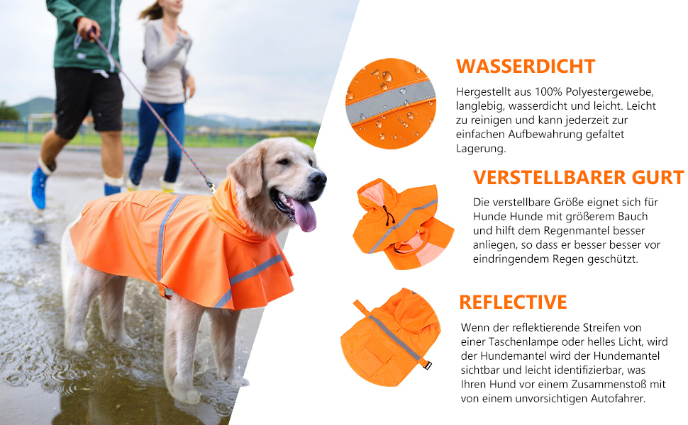 Дощовик для собак, дощовий плащ для собак з капюшоном, підходить для шлейки, легкий та світловідбиваючий, для середніх та великих собак (Помаранчевий XL)