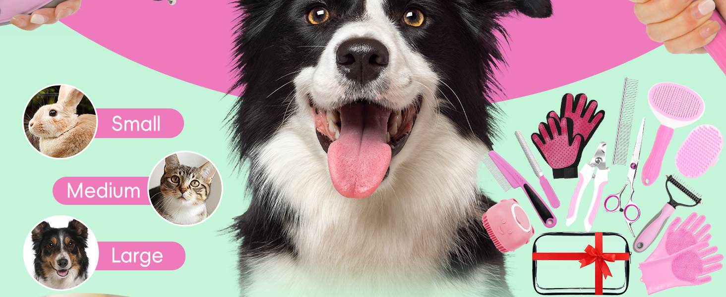 Набір для догляду за собаками та котами 13 предметів: триммер для нігтів, пилка, гребінець для видалення ковтунів, щітка для миття та скрубер для шампуню + аксесуари для догляду за шерстю