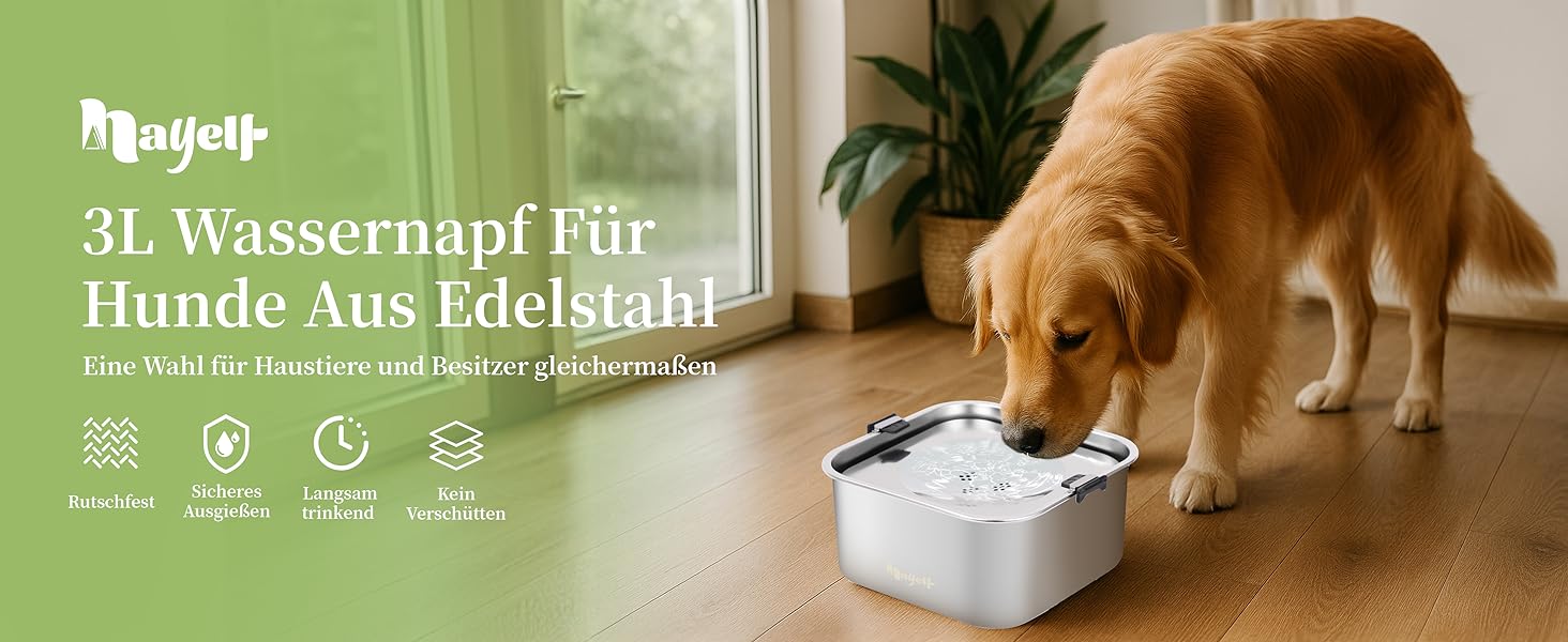 Миска для собак Nayelf 3L без обливання, з нержавіючої сталі 304, з антиковзним дном, для великих та середніх собак, придатна для миття в посудомийній машині