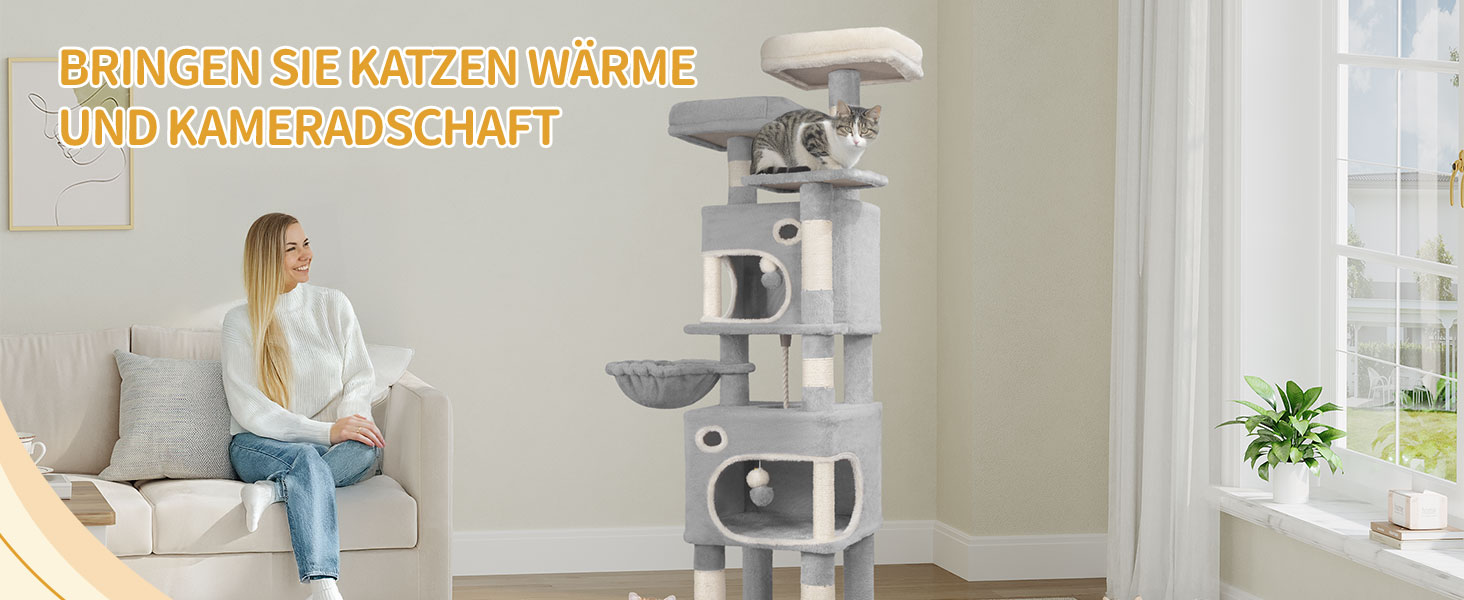 Драбина-кіготь Hzuaneri для котів, 159 см, 8 стовпчиків, 3 платформи, 2 хованки, кошик, плюшеві кульки, мотузка з сизалю, підходить для котів різних розмірів, сірий MS15918LG L (50 x 40 x 159 см)