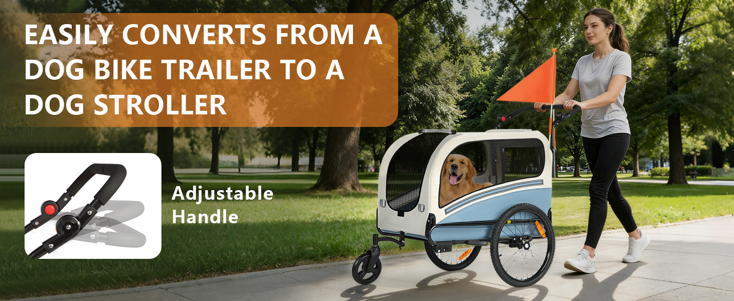 2-в-1 Причіп для собак XXL, Фарбований причіп для собак з дахом, Відбивачі та світловідбиваючі смуги, Універсальний з'єднувальний елемент для велосипеда, Регульована ручка-штовхач, Сірий