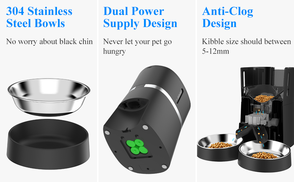 Автоматичний годівниця для котів та собак WellToBe Smart з Wi-Fi, таймером, функцією запису голосу та керуванням через додаток, до 6 прийомів їжі на день (чорний)