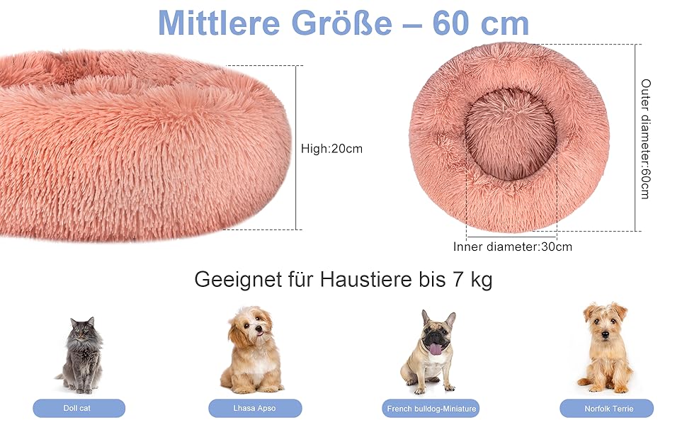 OKPOW Крізьке ліжко для собак: м'яке, кругле ліжко для цуценят, анти-страх, комфортне ліжко для котів, плюшеве ліжко для домашніх тварин, пральне, Ø60см, рожеве (M)