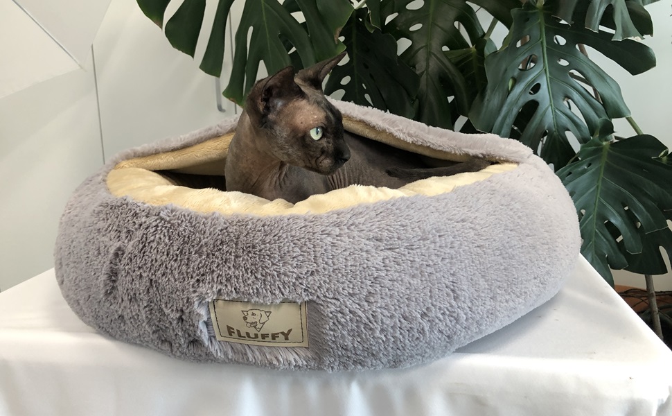 Кругле ліжко для собак та котів Donut Ø 60 см з дахом, плюшеве, з штучного хутра, для маленьких та середніх собак