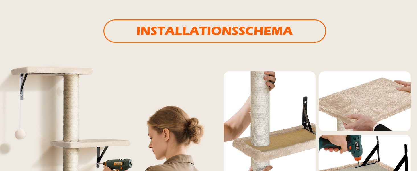 Кігтеточка-стіна для котів Eukue, комплект 10 елементів, великі настінні елементи з котячим будиночком, мостом та сизалевими стовпчиками, до 10 кг, бежевий колір