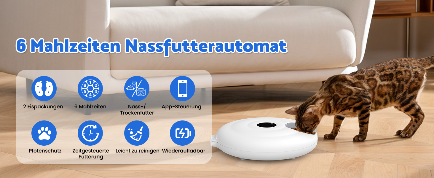 Автоматичний годівник для котів з вологим кормом, 6 прийомів, з таймером та WiFi, для сухого та вологого корму