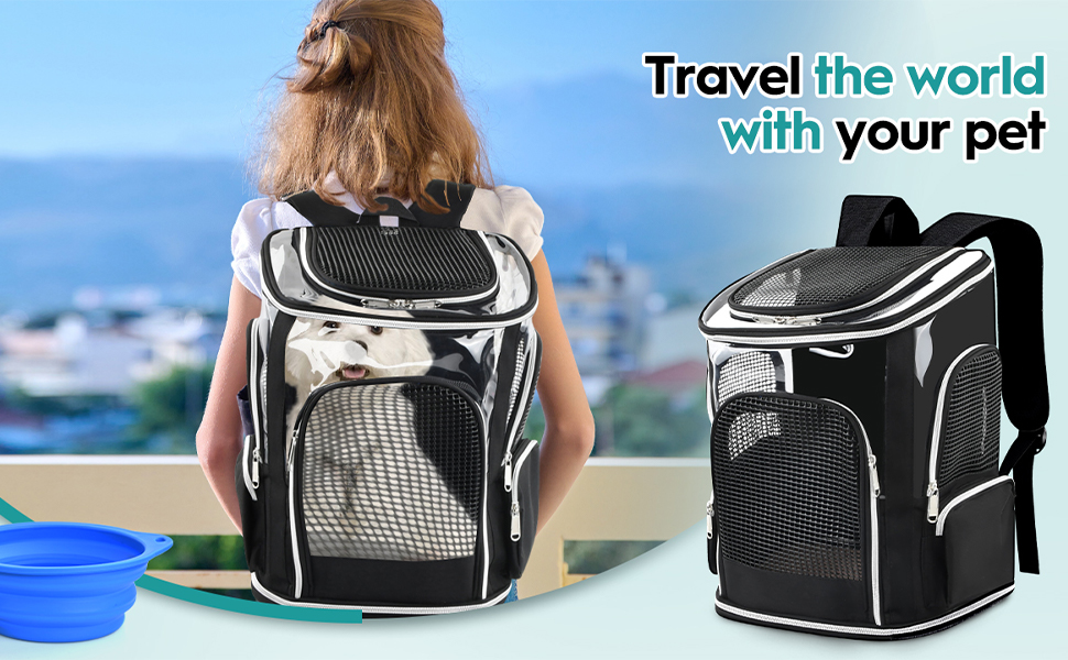 Рюкзак для тварин: переноска для собак та котів, до 9 кг, з сіткою та мискою, чорний