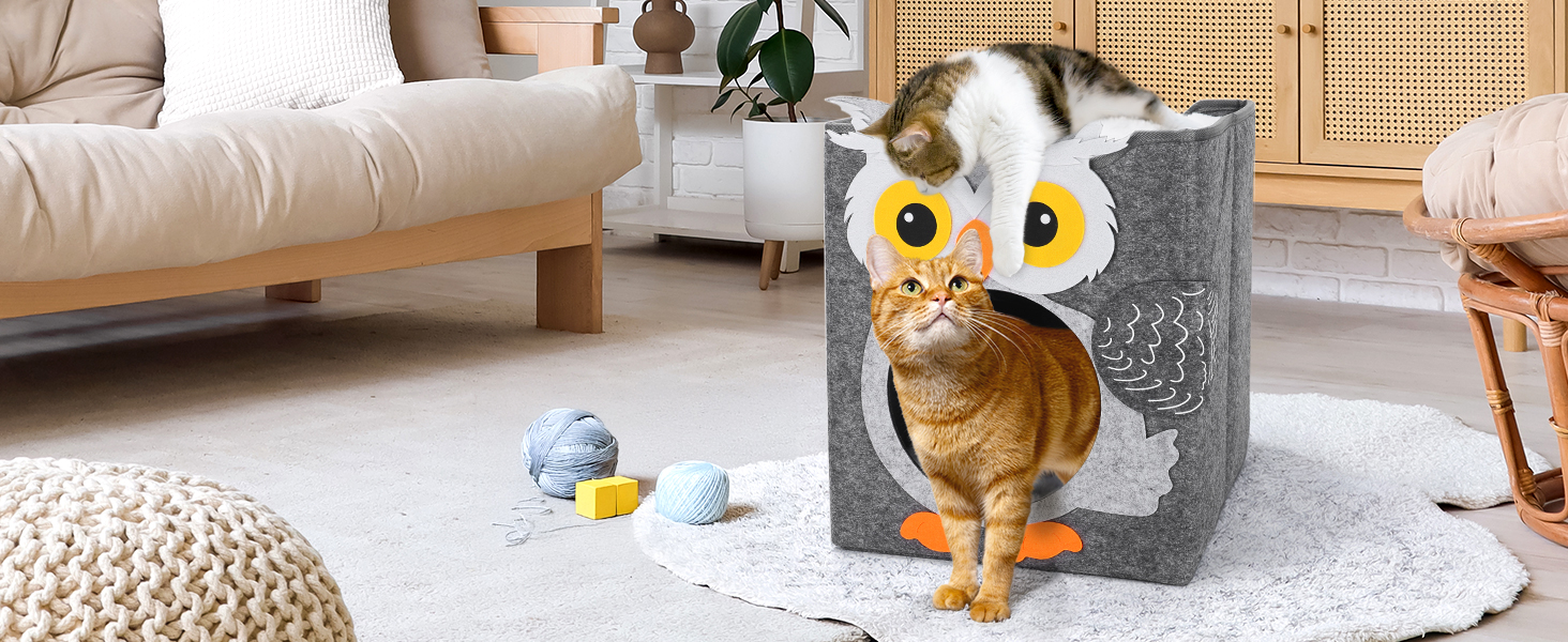 Двоповерховий будиночок для котів Dripex з фетру з подушкою, 30 x 35 x 35 см (Сова)