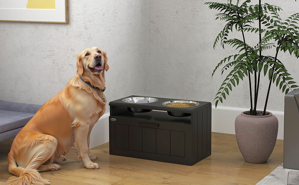Станція годування для собак PawHut з піднятою мискою, повільною годівницею та 2 мисками з нержавіючої сталі, ящик для зберігання 25л, для великих та екстра-великих собак, білий (чорний)