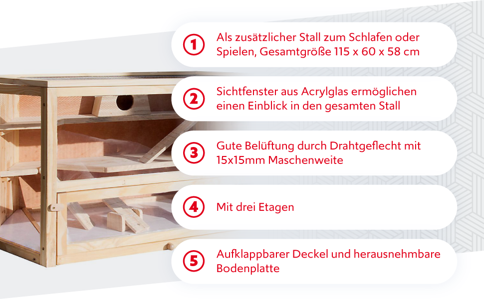 Клітка для тварин Wiltec 3-ярусна, 600x400x800 мм, дерев'яна, з відкидним дахом та оглядовим вікном, для мишей, хом'яків (116x60x59 см)