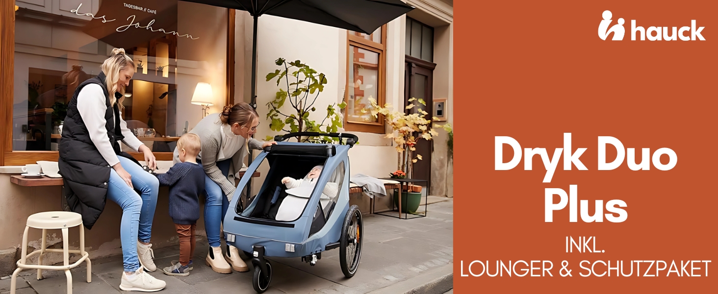 Фahrра-причіп Hauck Dryk Duo Plus Set для 2 дітей з люлькою, тентом та дощем. Складається, з підвіскою та функцією коляски, темно-синій