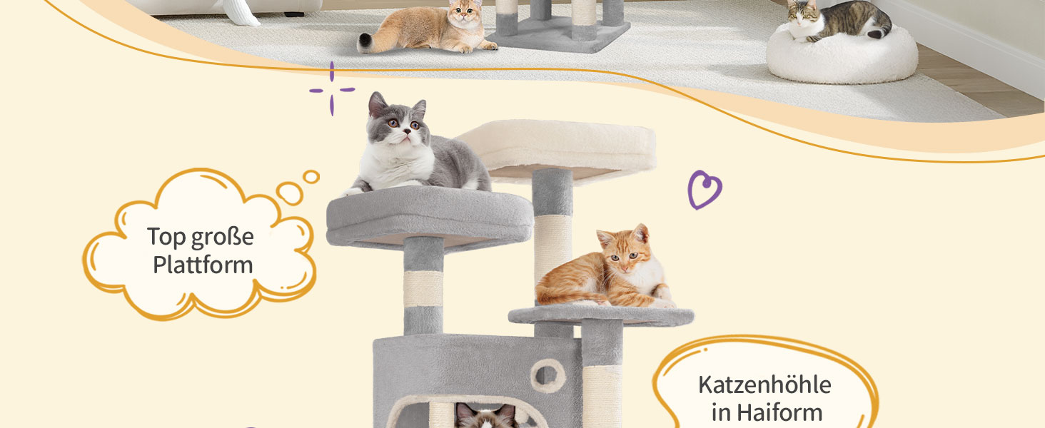 Драбина-кіготь Hzuaneri для котів, 159 см, 8 стовпчиків, 3 платформи, 2 хованки, кошик, плюшеві кульки, мотузка з сизалю, підходить для котів різних розмірів, сірий MS15918LG L (50 x 40 x 159 см)