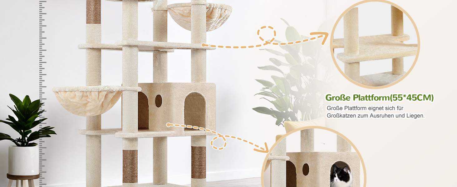 Драбина-будинок для котів Globlazer Beige XXL, 209 см: 3 стійкі лежанки, 2 будиночки, 2 кошики, велика платформа, іграшки для котів. Стабільна для 3-5 котів.