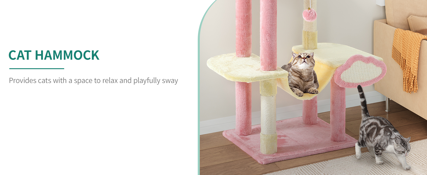 Кліматичний комплекс для котів YITAHOME XXL, 142 см, рожевий, з 8 стовпчиків сизалю, 3 платформи, 2 печери, гамак, іграшки, когтеточка, для дому