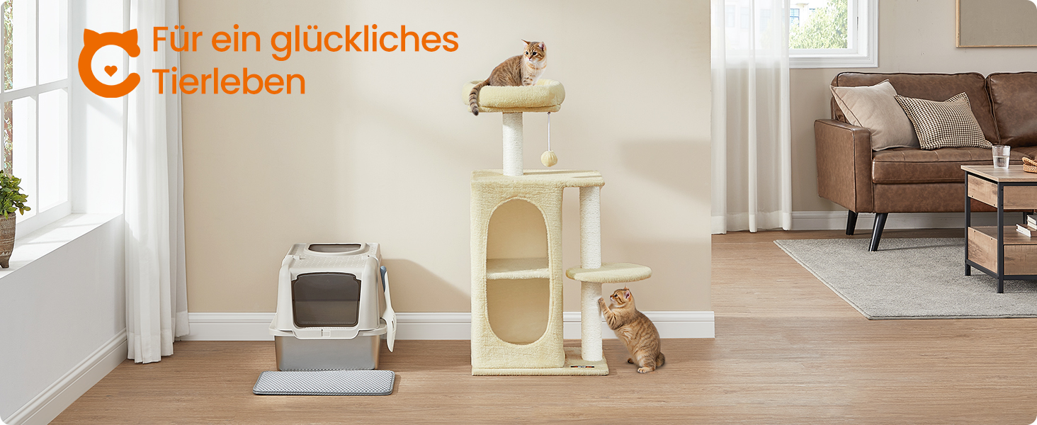 Дряпка для котів Feandrea, кігтеточка з 2 будиночками, кігтеточки, для багатокотових сімей, кошенят, PCT005G01 (пісочно-бежевий)