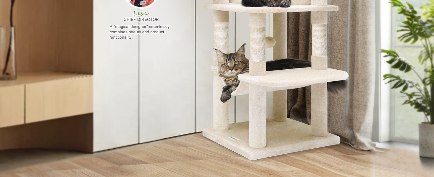 Котячий будиночок Globlazer з подряпуванням, великий, бежевий, 130 см. Стабільний кутовий котячий комплекс з будиночком, платформою, гамаком та м'яким кошиком для кількох котів.