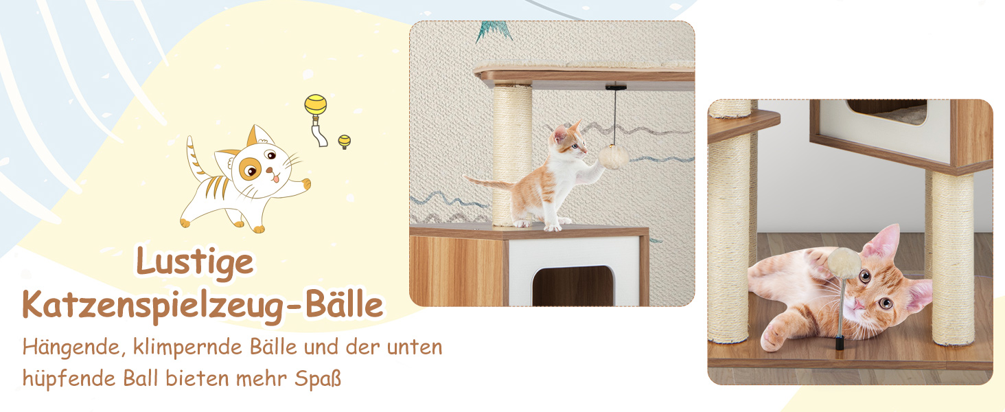 Дерев'яний кігтеточки COSTWAY 163 см, 6-ярусний, з 2 печерами, 2 килимками та 3 іграшками, для котів, бежевий+натуральний колір