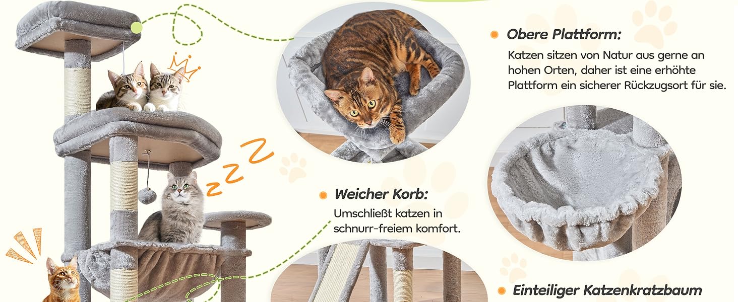 Дерево для котів Taoqimiao 183 см, велике XXL, з будиночком, гамаком, стійке, сірого кольору MS045W