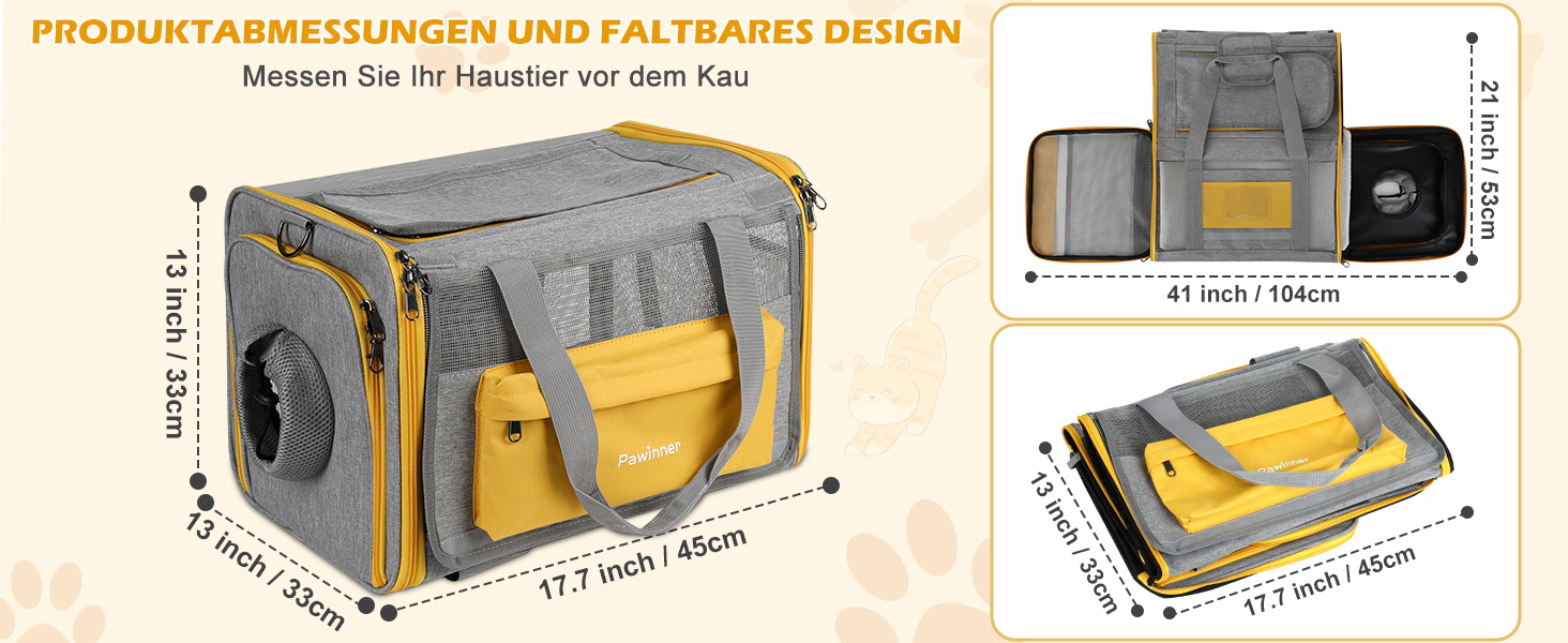Транспортна переноска Pawinner для котів та собак, 45x33x33 см, з візком для авто та літака, складана, дихаюча, до 9 кг (Сірий, Світло-жовтий)