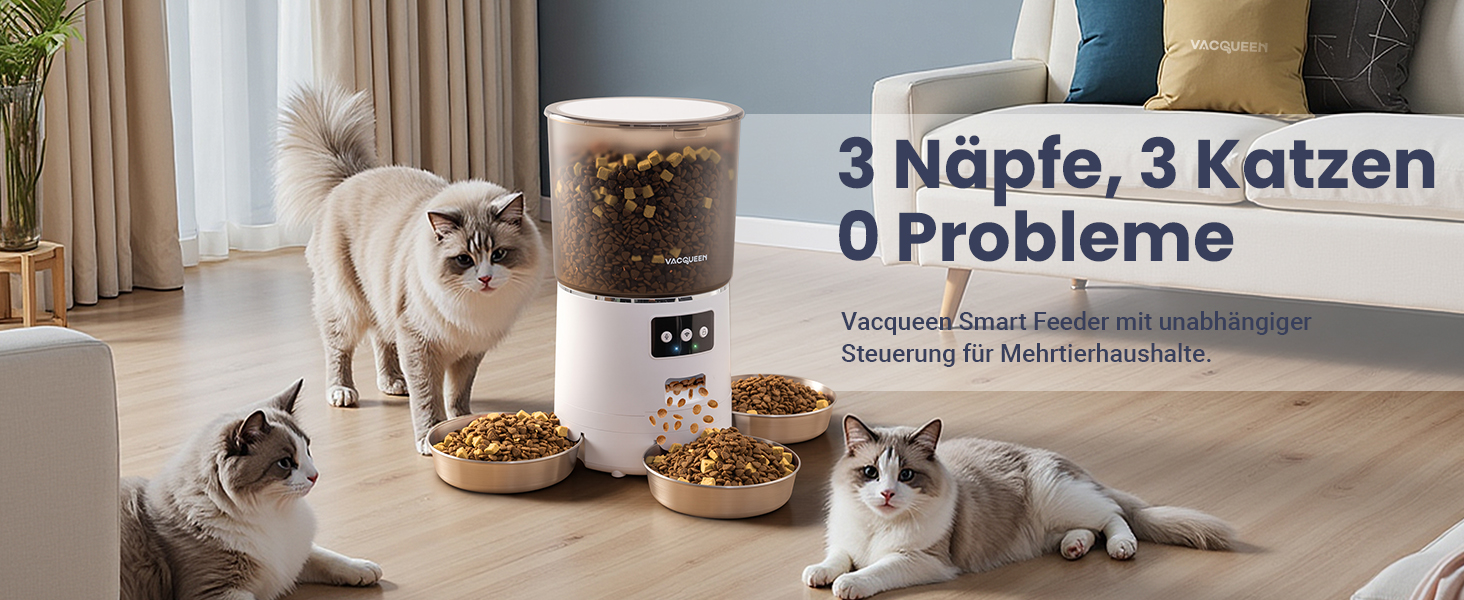 Автомат годівниці для котів з APP та таймером, 6 л / 25 чашок, 3 миски, 3 пакети силікагелю, система проти застрягання, 2.4G WiFi, 10-секундна голосова зйомка, годівниця для котів та собак (білий)