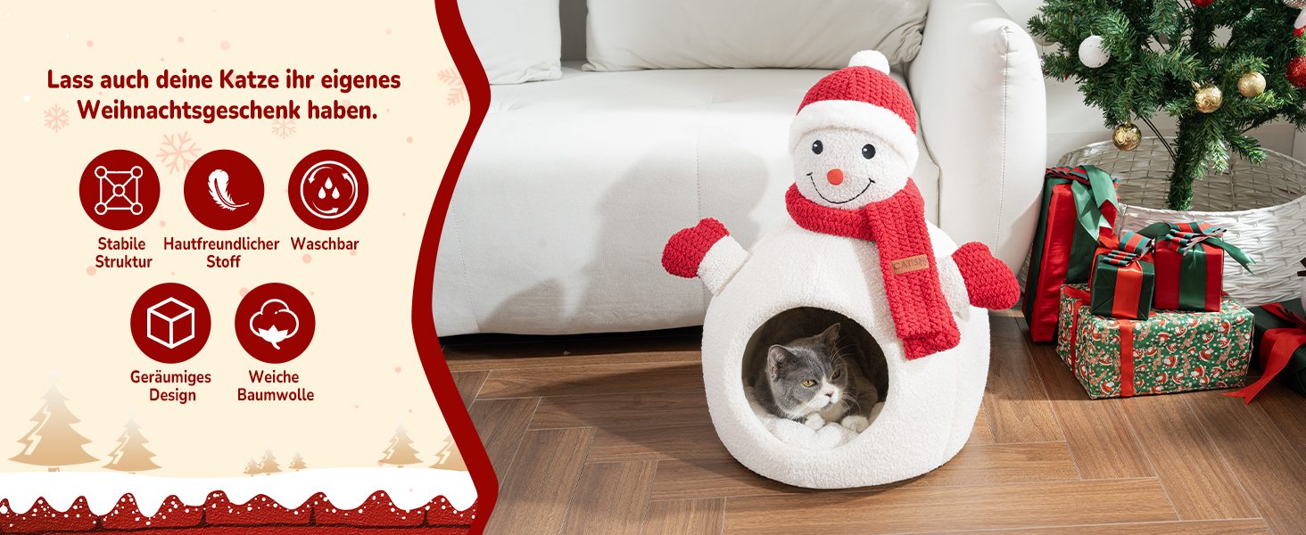 Кігтеточка-будиночок CATISM для котів на Новий Рік, 42x42x55 см, білий, з теплим килимком, знімний будиночок, антиковзаюча поверхня