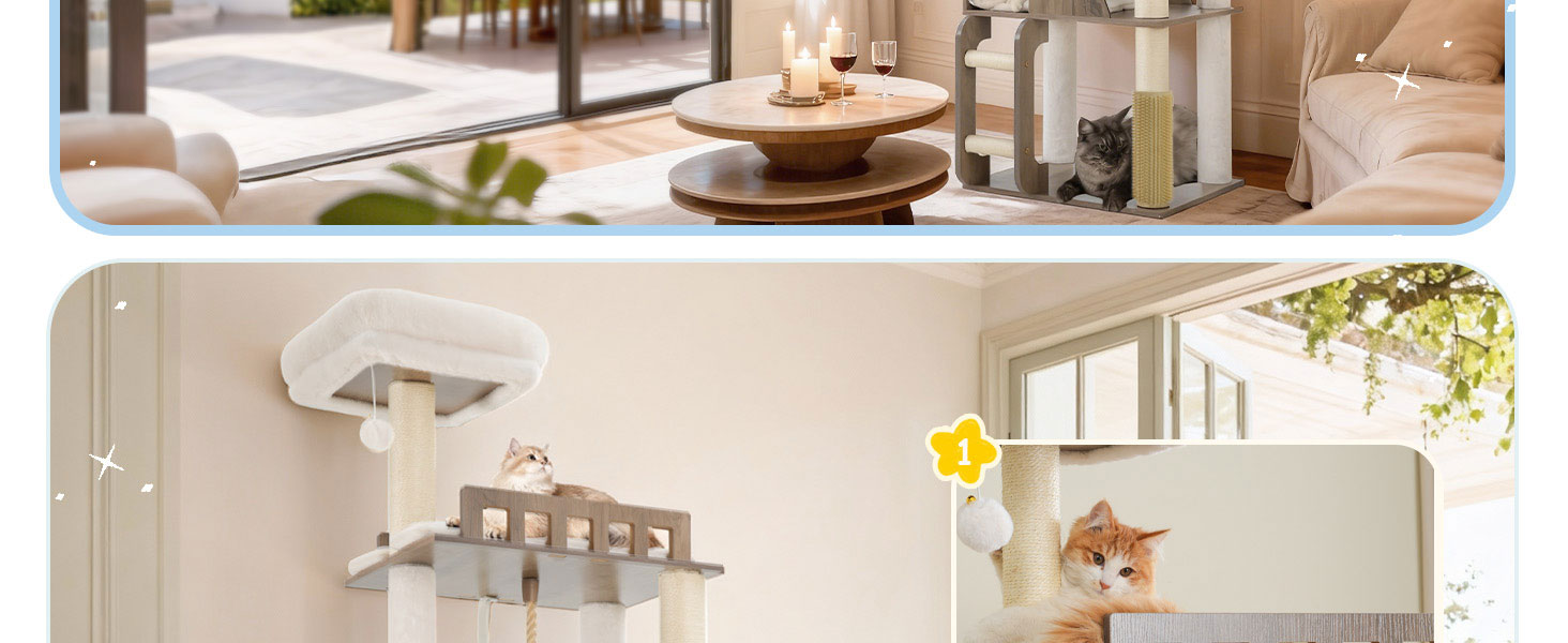 Дерев'яний кігтетопор Hey-brother Holz Kratzbaum 184см для великих котів, багатоярусний, зі стійкою платформою, кошиком, будиночком, щіткою та драбиною (Gris Vintage)