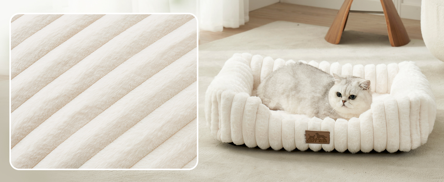 Ортопедичне миється собаче ліжко для котів та маленьких собак, м'який кошик з штучного хутра, диван для домашніх тварин з високим бортиком, антиковзаюче, 64 x 53 x 15 см, бежевий