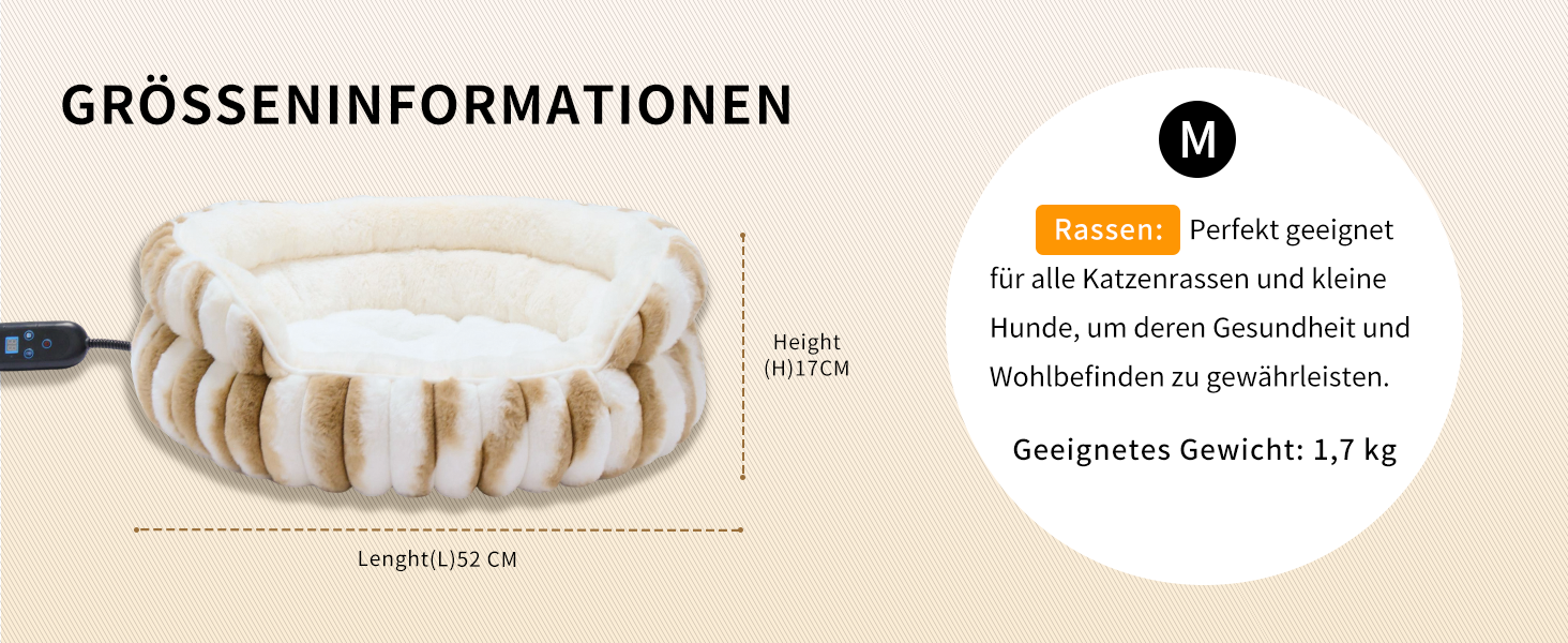 Обігрівальне ліжко для котів, електричне, миється, стійке до укусів, водонепроникне, заспокійливе та тепле з регульованим нагрівальним килимком, 51×51×17 см