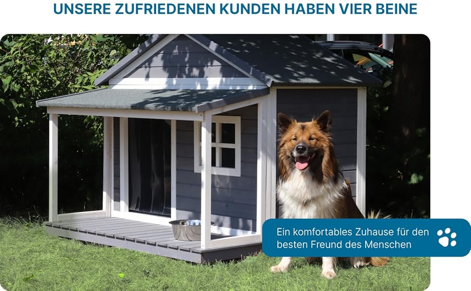 Будка для собак SunnyDogs з масивного дерева | Тепла та водовідштовхуюча будка з дахом та терасою | Розміри: 130 x 118 x 108 см