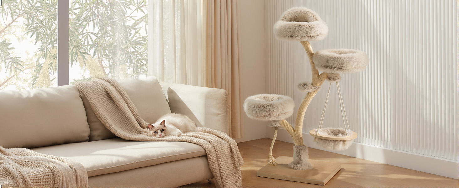 Кігтеточка для котів Fudajo Designer у вигляді дерева, 130 см, з плюшем та сизалем, з гамаком, для лазіння та відпочинку