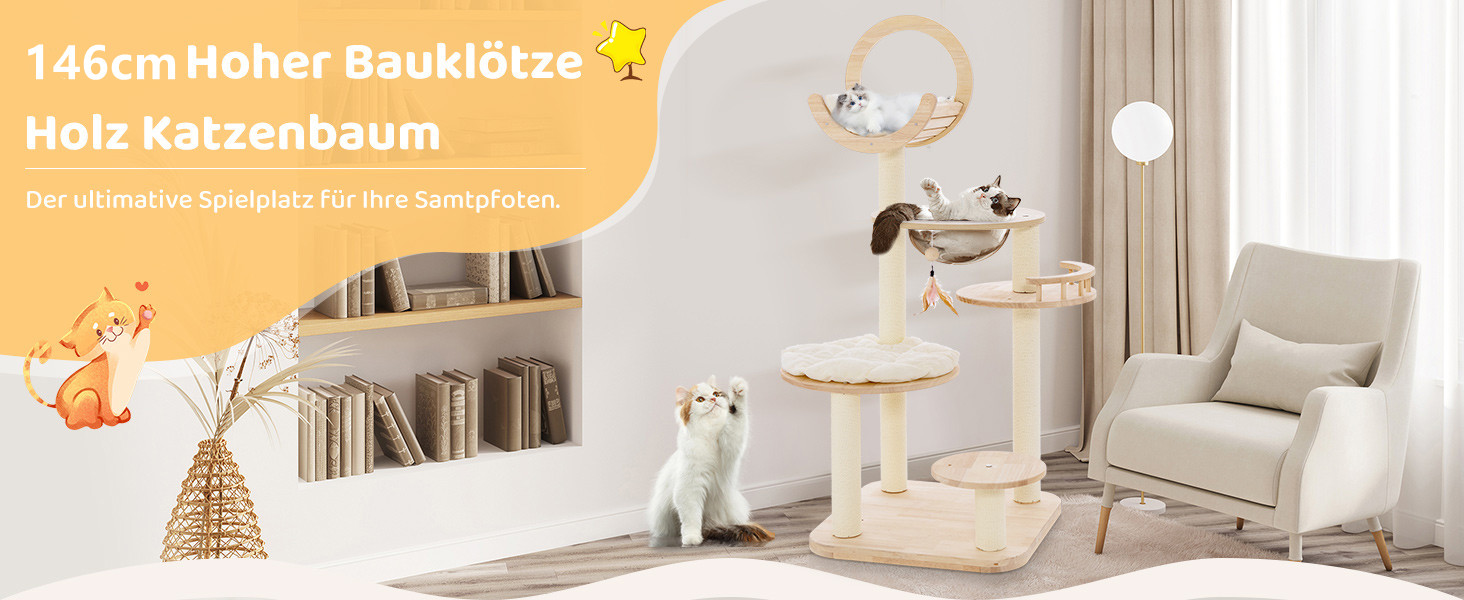 Дерев'яний кігтечка для котів COSTWAY Kaktus, 160 см, з будиночком, платформами, сизалевими стовпчиками, корзиною та іграшками