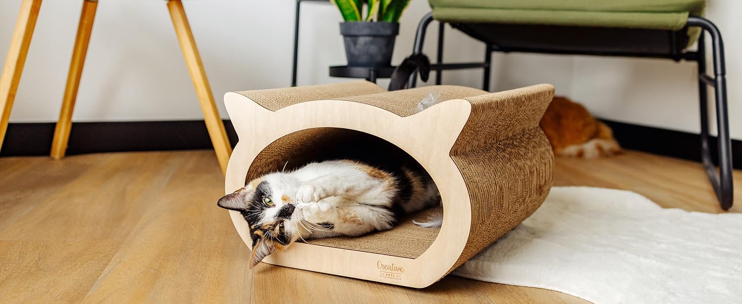 Котяче дряпальня | Дряпка з посиленої картонної конструкції | Натуральні дряпальні дошки | Міцні меблі для котів | 2в1 Дряпка-будиночок для котів | Якісний картон | Великий розмір (37 x 36 x 37 см, у формі кота)