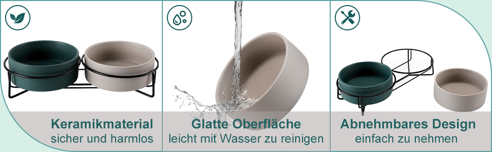 Набір мисок для котів PETTOM з підставкою (2 шт.), кераміка, захист шиї, зелений + сірий