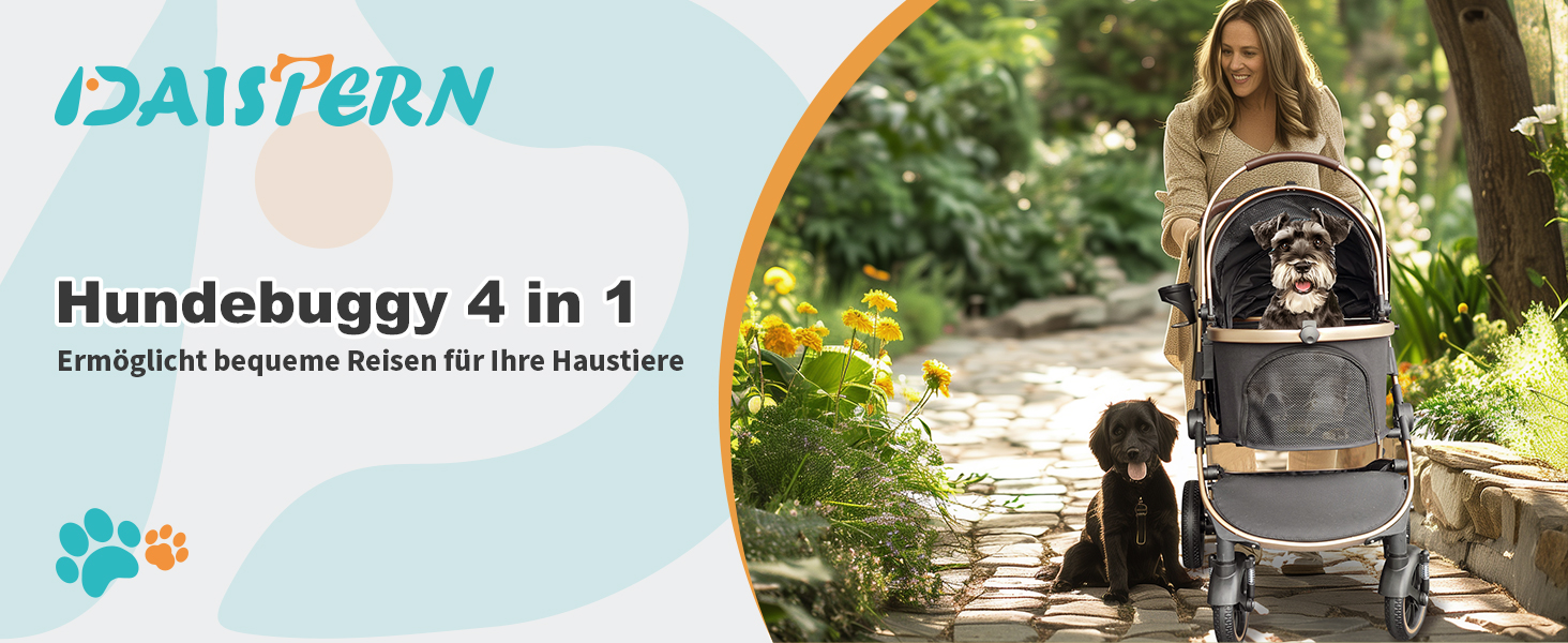 Візок для собак DAISTERN, чорний, до 25 кг, 4-в-1, алюмінієвий, з поворотним колесом EVA та гальмом