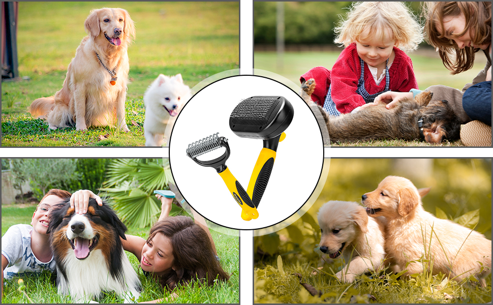 Двостороння щітка для грумінгу тварин 2-в-1: щітка для вичісування шерсті та гребінець для собак та котів (жовта)