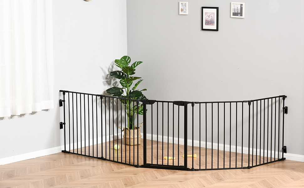 PawHut Забіг для цуценят 2 в 1, 5-секційний, розкладний, з дверцятами. Металевий забіг для собак, 300 x 74,5 см, чорний. DIY забіг для цуценят, захист від каміну та плити для малих та середніх собак